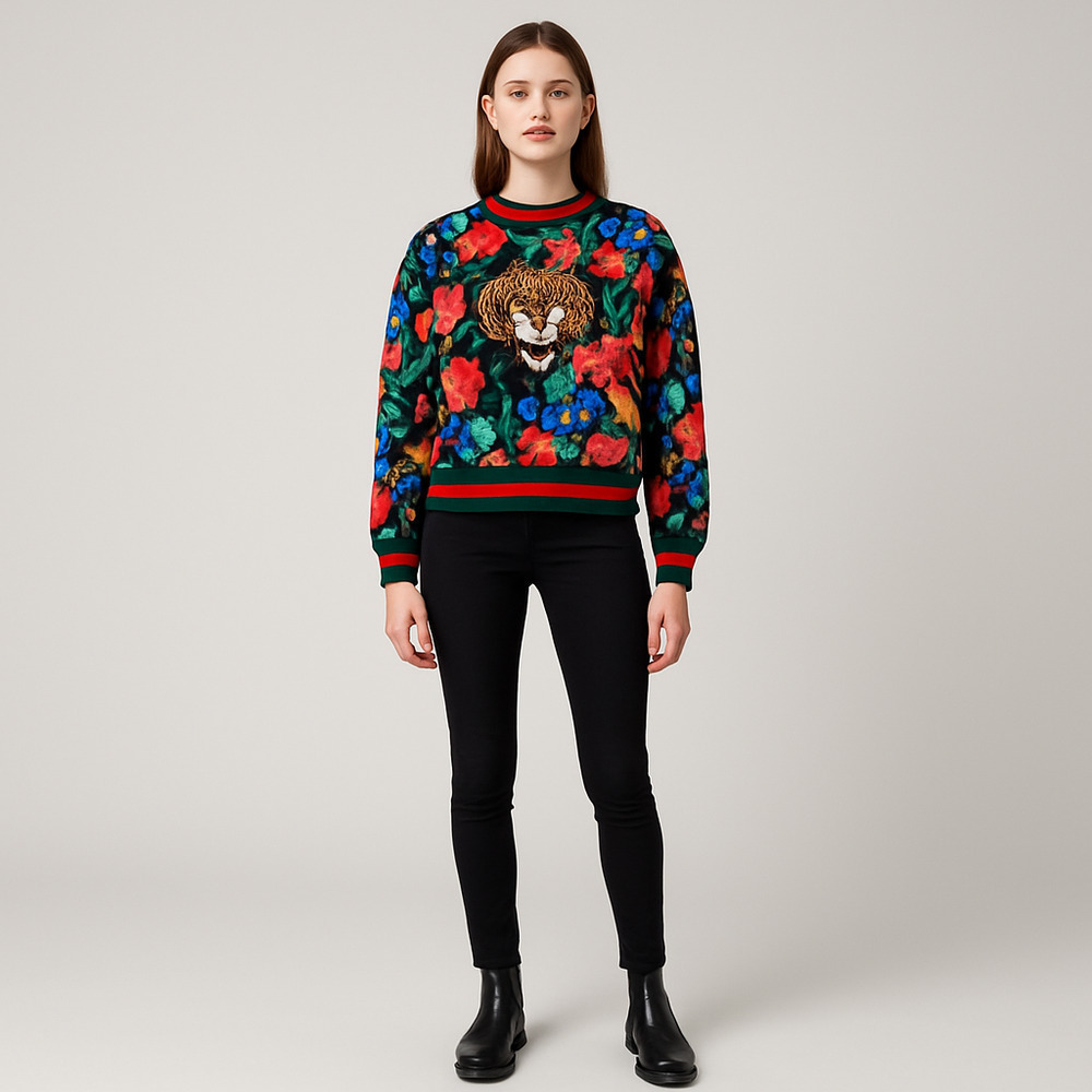 Floral Patchwork screen Print Sequin Tiger Sweatshirt Large